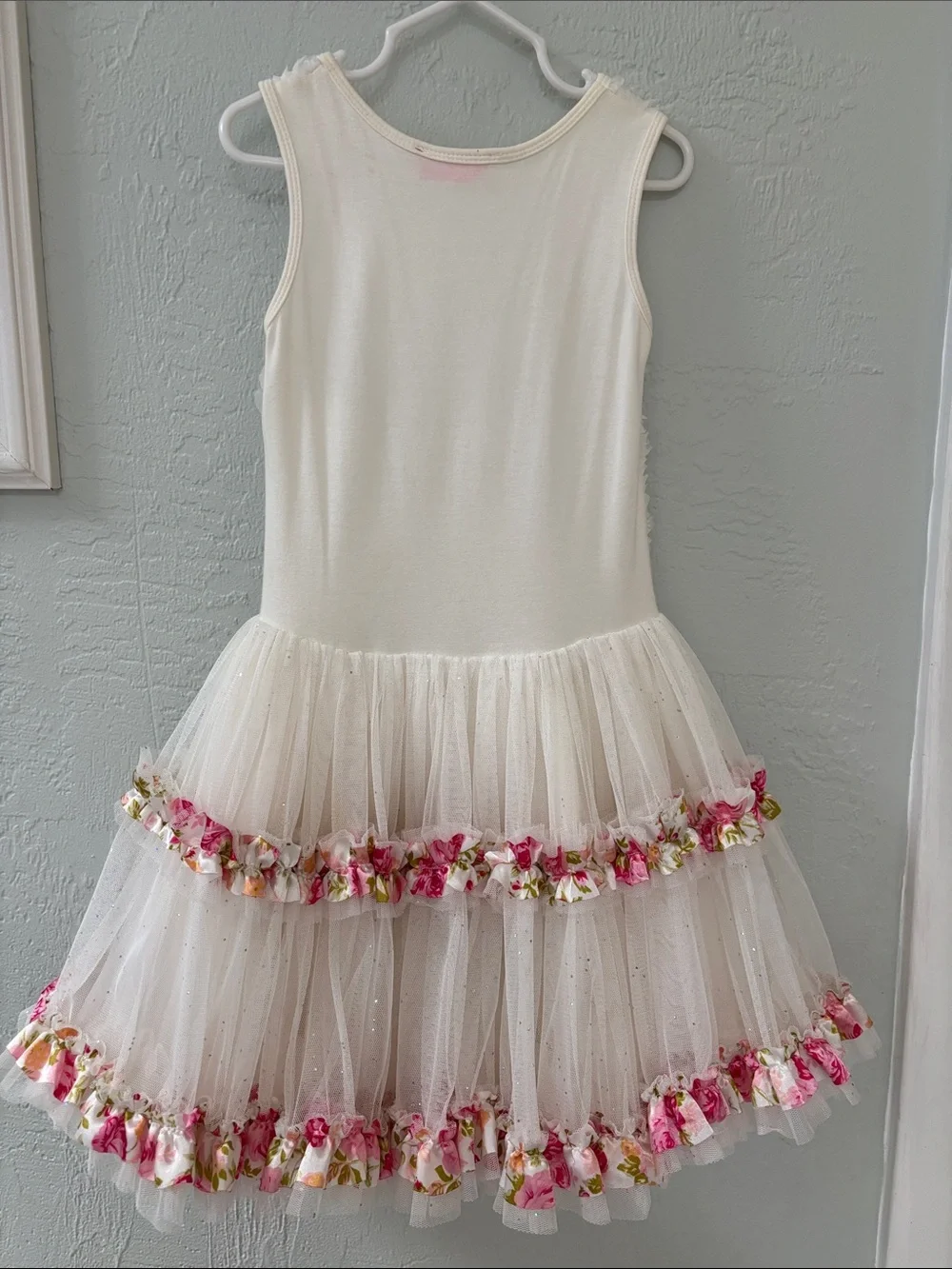 Popatu White Floral Rosette Tulle Dress with Pink Floral Bow